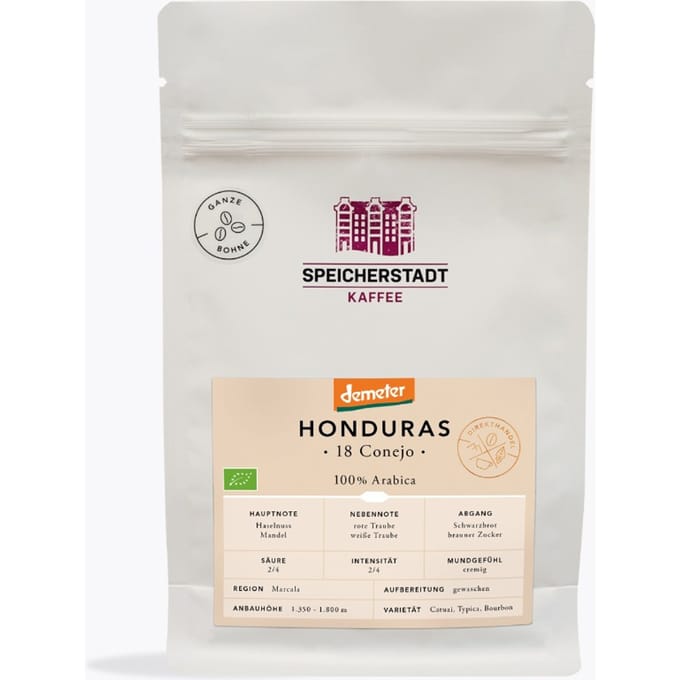 Speicherstadt Honduras 18 Conejo Bio Demeter Kaffee 250 g | Ganze Bohne | 100% Arabica aus Honduras | Fruchtig mit Noten von roten & weißen Trauben