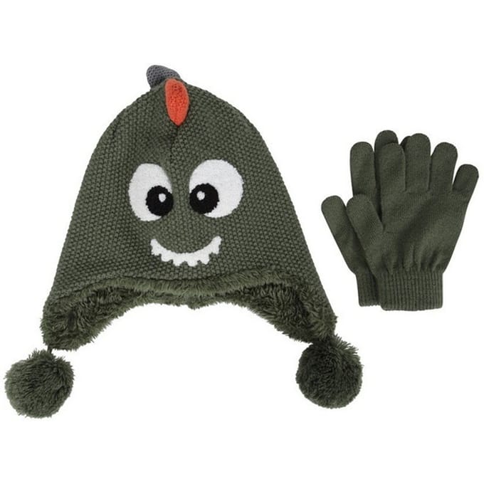 Mountain Warehouse Kinder Draak Kunstbont Gevoerde Muts en Handschoenen Set (Groen)
