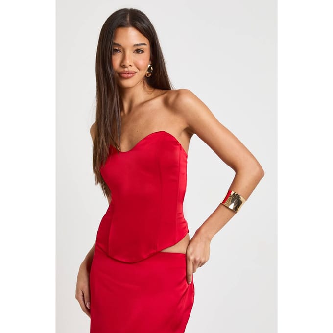 boohoo Dames Satijnen Bandeau Corset Top | Rood | Maat: 42
