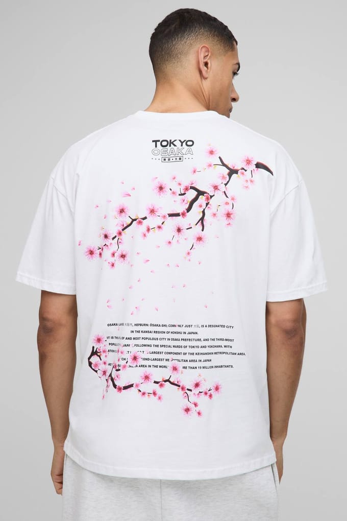 Oversized T-shirt met kersenbloesemprint | White | Size Medium