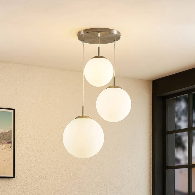 Lindby - hanglamp - 3lichts - Metaal, glas - H: 30 cm - E27 - mat nikkel, opaalwit