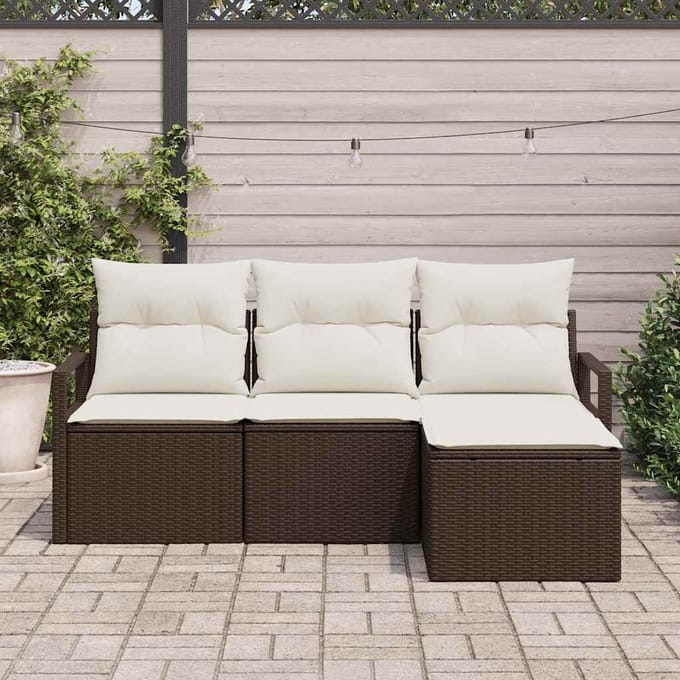 vidaXL Bankstel met kussen met opslag 4 pcs Bruin en Crème poly rattan