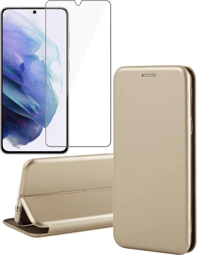 Hoesje geschikt voor Samsung Galaxy S21 Plus - Screen Protector GlassGuard - Book Case Kunstleer ThinShield Goud & Screenprotector