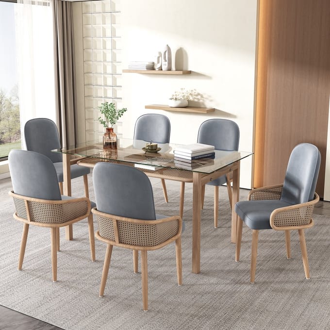 REDOM - Eetkamerstoelen Set Van 6 - Rotanlook - Modern - Voor Eethoek - Fluweel En Metaal - Grijs