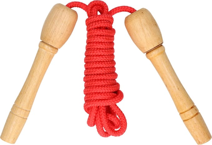 Kids Fun Springtouw speelgoed met houten handvat - rood - 240 cm- buitenspeelgoed