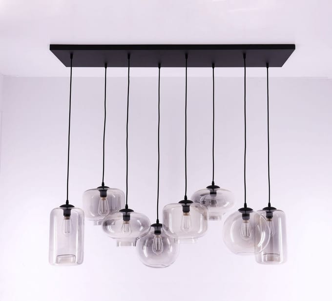 EEF hanglamp - getint grijs glas - glazen 8-lichts 135cm