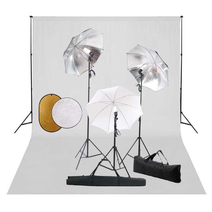 vidaXL - Fotostudioset - met - lampen, - paraplu's, - achtergrond - en - reflector