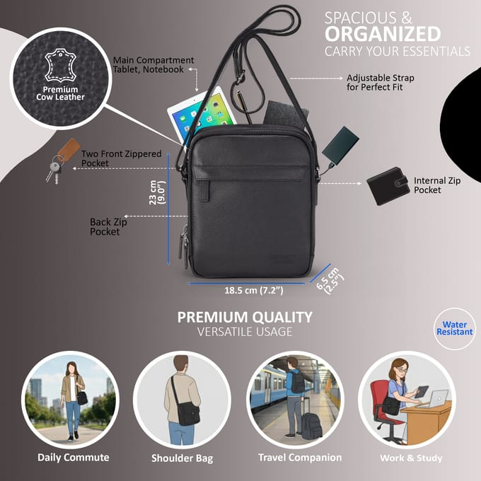 Echte leren zwarte vintage messenger crossbody reistas - Hawthrone