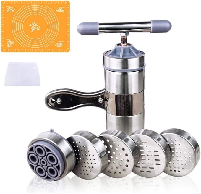 Pastamaker - Deegpers - Verse Pasta Maken - 5 Vormkoppen - 18.5 x 14 cm - Zilver