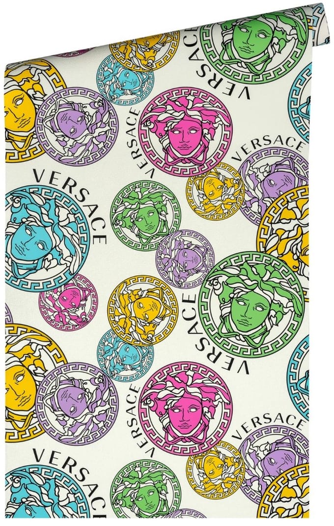 "MEDUSA HOOFD" SATIJN GLANZEND BEHANG | Design - bont wit roze blauw groen - A.S. Création Versace 5