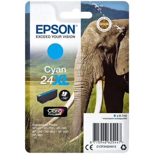 Epson Elephant Singlepack cyaan 24XL Claria Photo HD-inkt