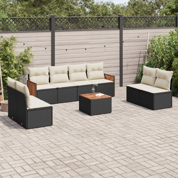 vidaXL - 9-delige - Loungeset - met - kussens - poly - rattan - zwart