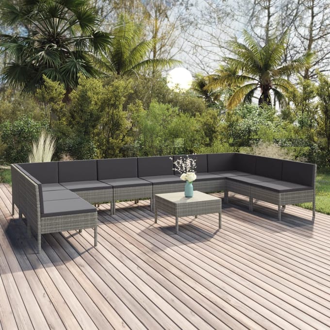 vidaXL - 11-delige - Loungeset - met - kussens - poly - rattan - grijs