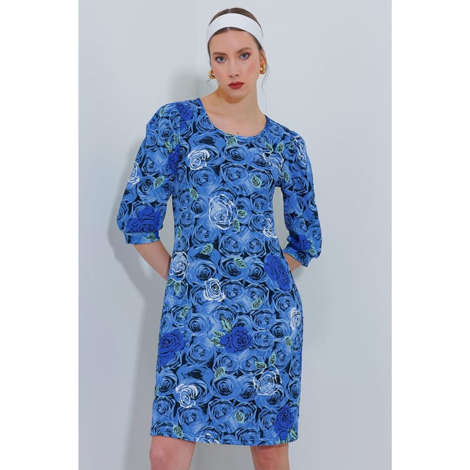 Geborduurd Bloemen Midi-jurk met Driekwart Mouwen