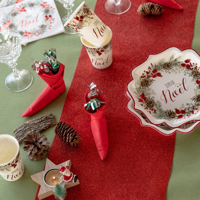Santex Kerstdiner glitter tafelloper op rol - rood - 28 x 300 cm - polyester
