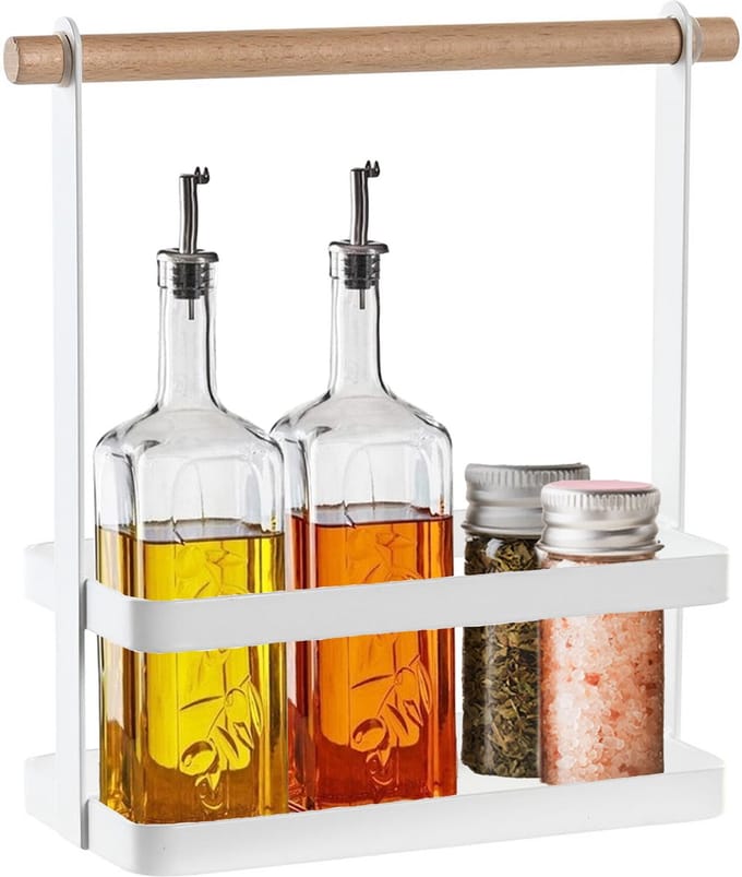 Items kruidenrek/keuken organizer staand - wit - 24 x 10 x 20 cm - metaal/bamboe hout