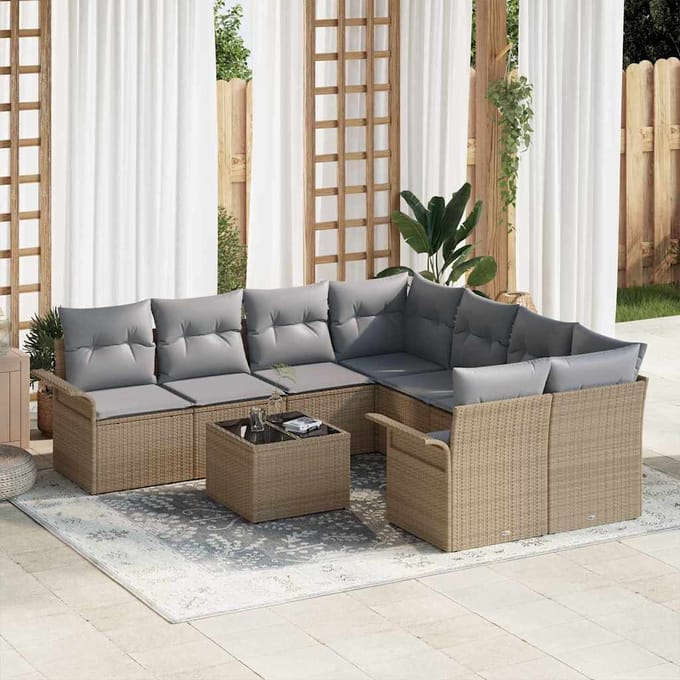 vidaXL - Tuinbank - Set - 9 - st - Beige - en - Grijs - poly - rattan