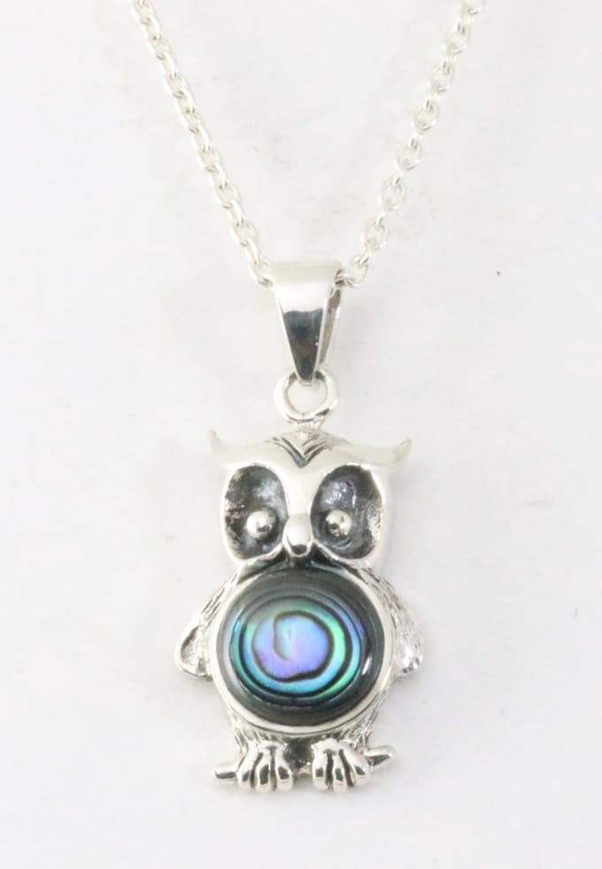Zilveren uil hanger met abalone schelp aan ketting