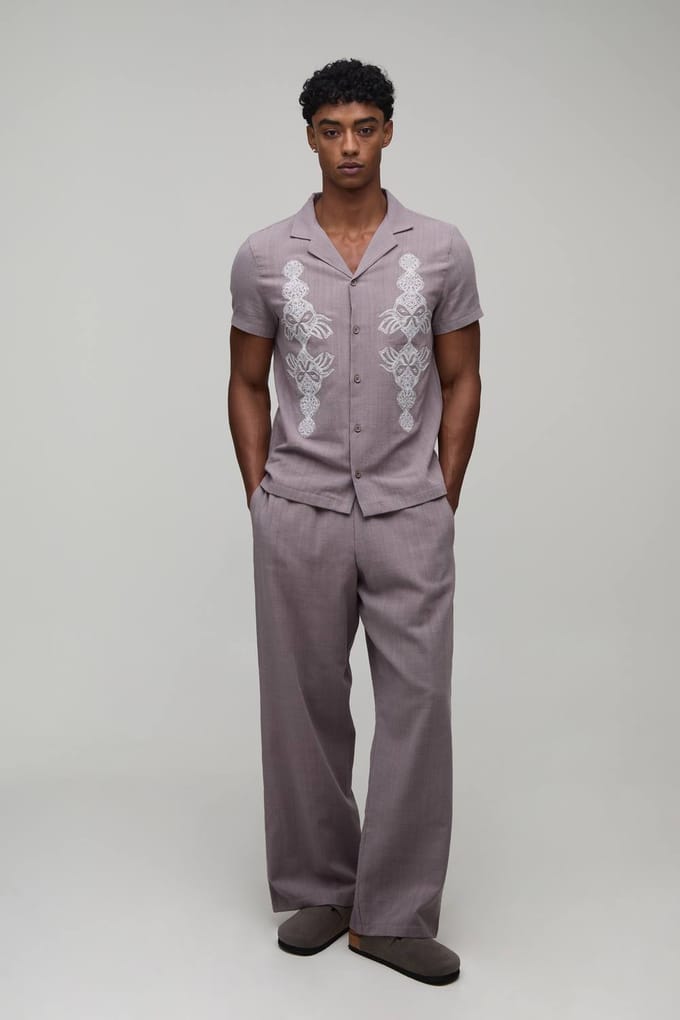 Textured Embroidered Regular Shirt & Wide Leg Trouser Set | Taupe | Size Medium