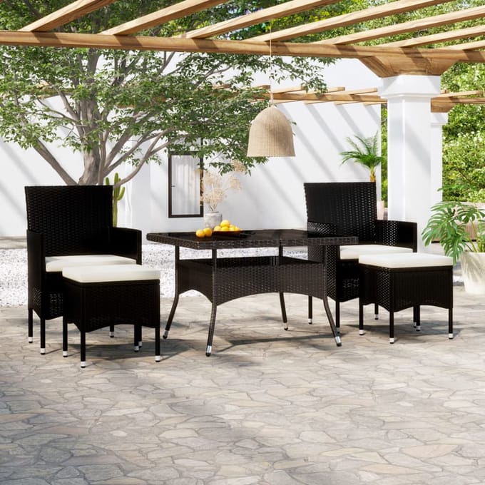 vidaXL - 5-delige - Tuinset - poly - rattan - en - gehard - glas - zwart