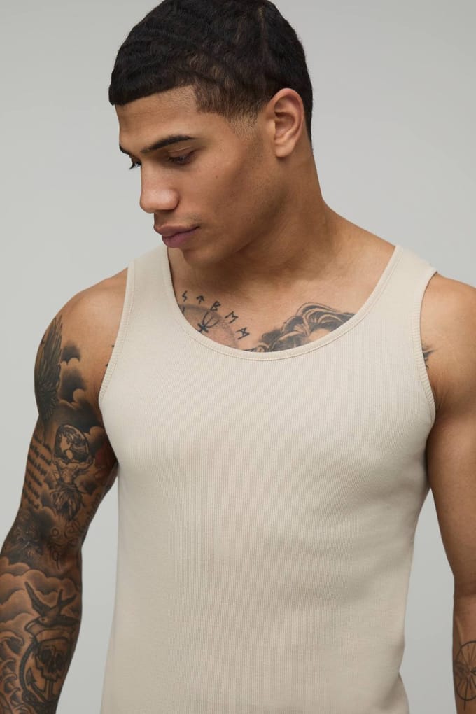 Essential Muscle Fit Ribbed Vest | Stone | Size Large