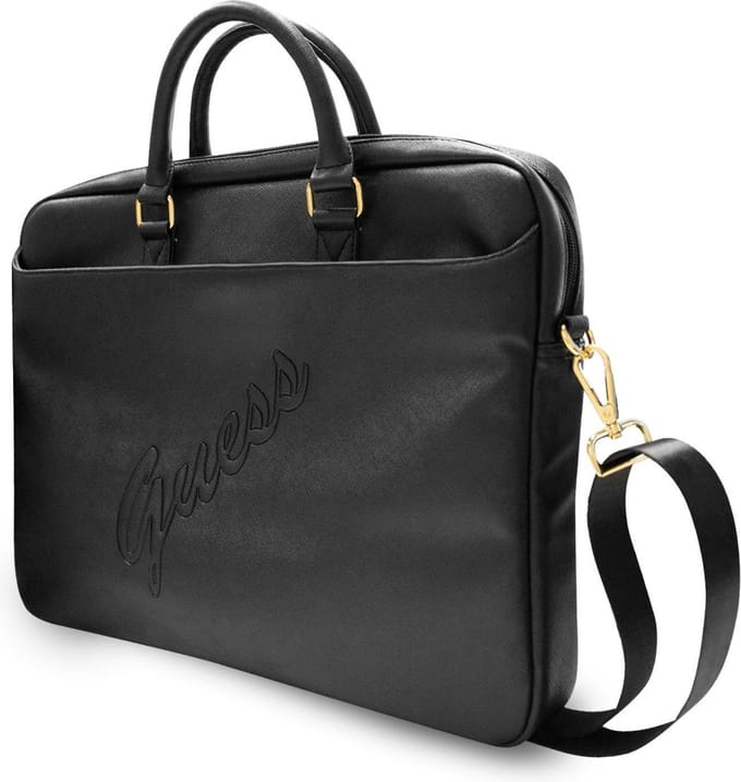 Guess Saffiano Vintage Script Laptop Tas - 15 en 16 inch Zwart