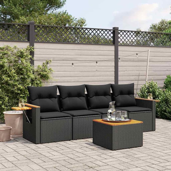vidaXL - 5-delige - Loungeset - met - kussens - poly - rattan - zwart