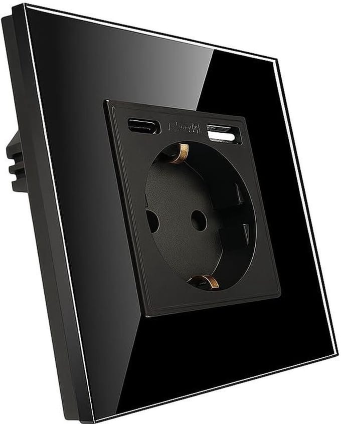 Wall socket with USB + USB C (3.1A), black, tempered glass switch, quick charge, socket 250 V, 16 A, modern design for home and office.