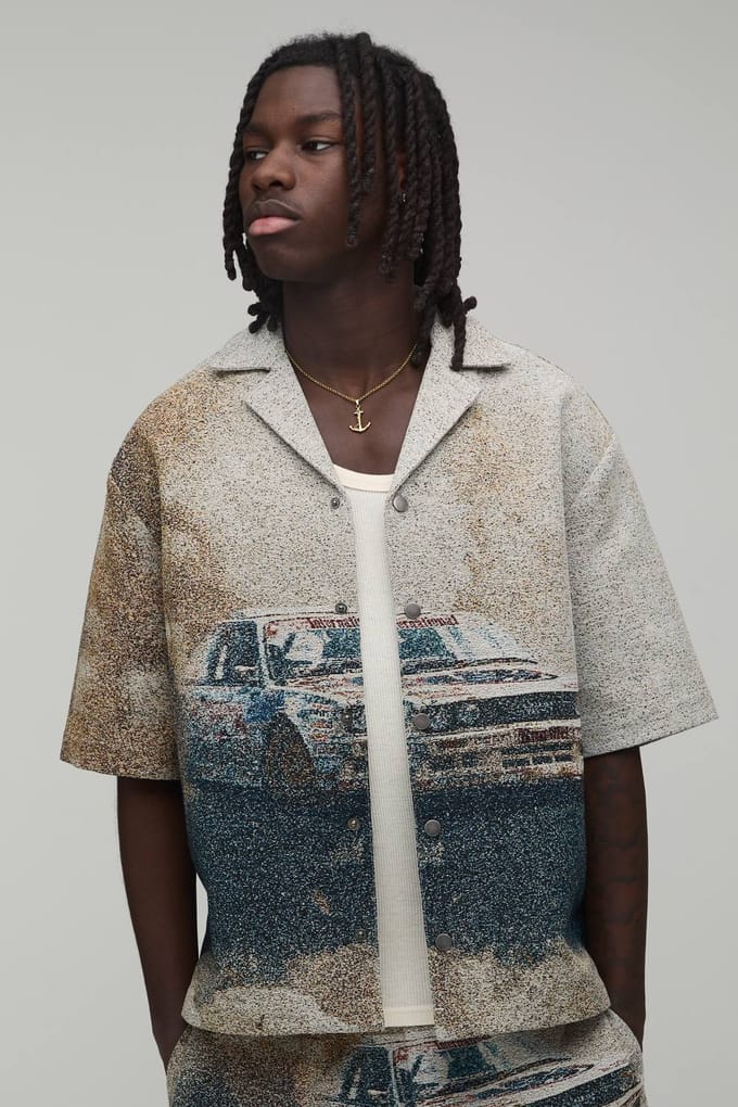 Oversized Shirt Met Autotapijt En Korte Mouwen | Stone | Size Medium