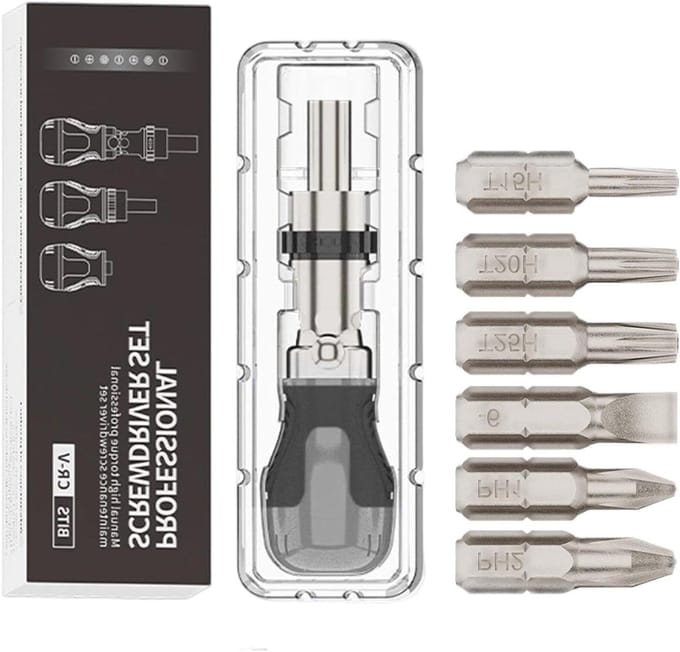 Magnetische Ratelschroevendraaier - Verstelbare Schroevendraaier Set - Klusjes en Reparatie - 180 Graden Verstelbaar - 7 Bits - Grijs