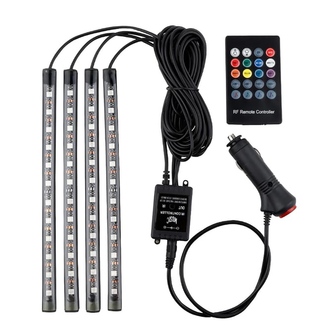 Auto LED-stripverlichting, 4 stuks 36 LED DC 12V Multicolor Muziek Auto USB Interieurverlichting LED Onder Dashboard Cigarette