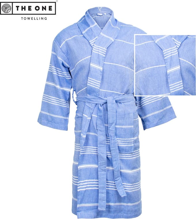 The One Towelling Hamam Badjas - S/M - Kamerjas - 100% katoen - Blauw/Wit