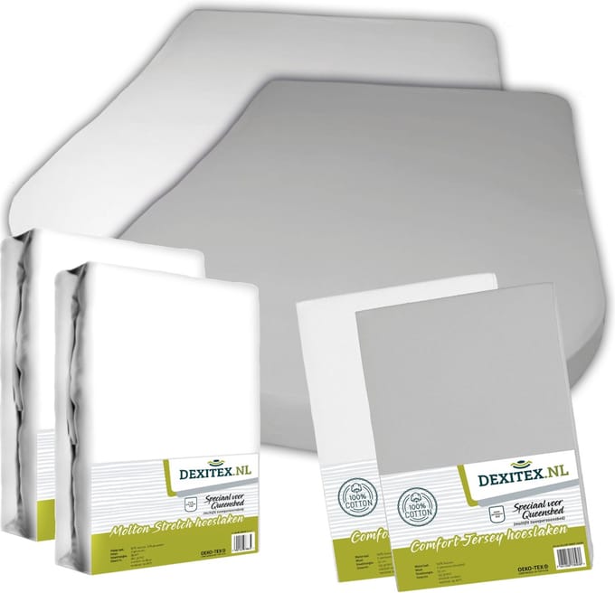Dexitex 2 x jersey hoeslaken (Wit + Licht grijs) & 2 x molton pakket Queensbed/Eilandbed