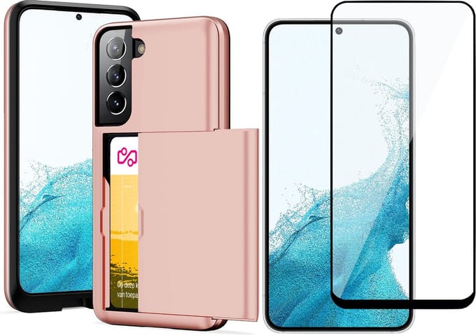 Hoesje geschikt voor Samsung Galaxy S22 met Pasjeshouder - Screen Protector FullGuard - Back Cover SlideCase Roségoud & Screenprotector