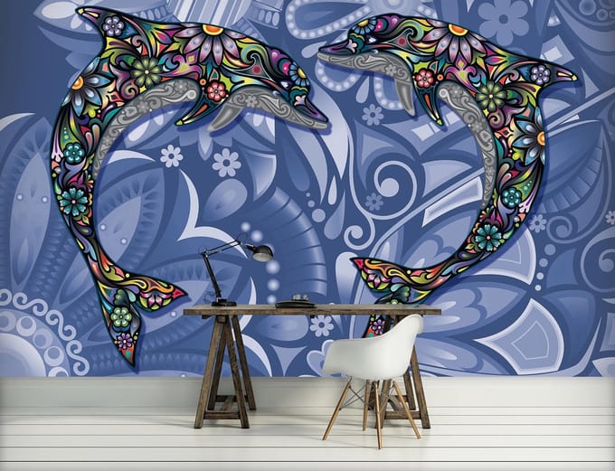 Dolphins Flowers Abstract Colours Photo Wallcovering