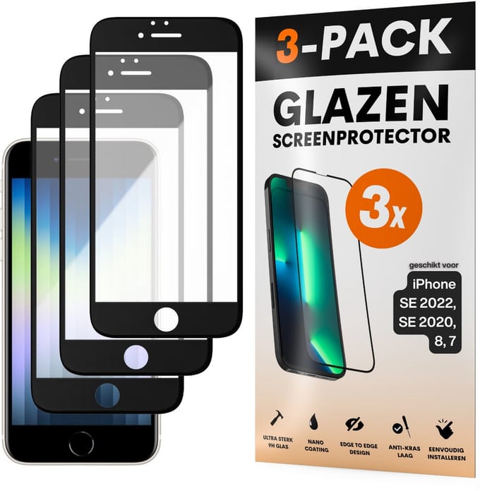 Screenprotector - Geschikt voor iPhone 7 / 8 / SE 2020 - Gehard Glas - Full Cover Tempered Glass - Case Friendly - 3 Pack
