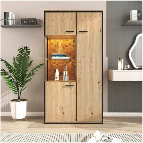 ModernLuxe Vitrine H 160cm met LED - 3 deuren en 8 vakken - Naturel