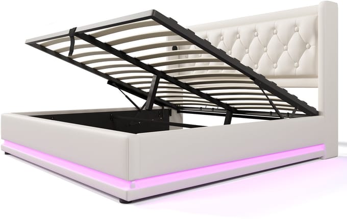 COVREO Bedframe 140x200 cm wit PU, opbergruimte, LED en USB-C, zonder matras