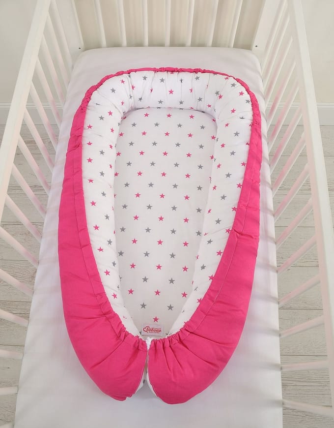 Babynest dubbelzijdig Premium Cocoon voor baby's BOBONO- sterren grijsroze/roze