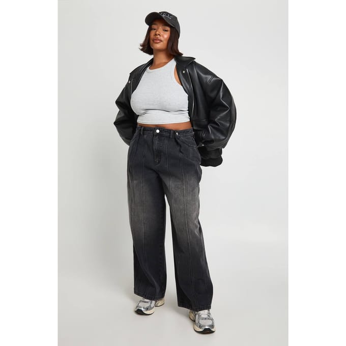 boohoo Dames Plus Verstelbare Taille Wijde Pijpen Jeans | Washed Black | Maat: 50