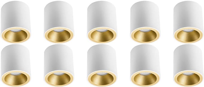 Opbouwspot 10 Pack - Pragmi Cliron Pro - GU10 Fitting - Opbouw Rond - Mat Wit/Goud - Aluminium - Verdiept - Ø90mm