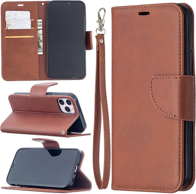 MobyDefend Hoesje - Geschikt voor iPhone 12 / iPhone 12 Pro - Wallet Book Case Met Koord - Bruin