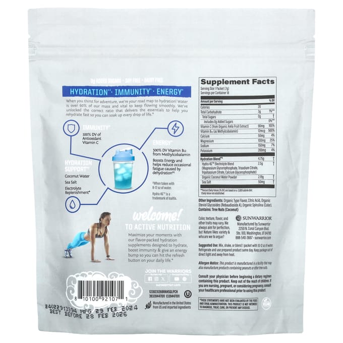 Sunwarrior Active Hydration Stick Packs (18x7g) Blue Raspberry - Intra- & Post-Workout - Intra-Workout