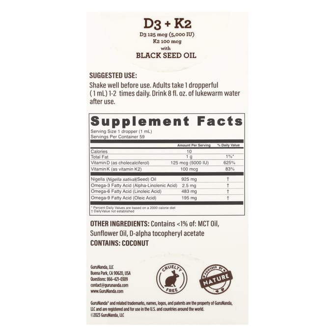 GuruNanda, D3 + K2, Zwarte Zaadolie, 2 fl oz (59 ml)