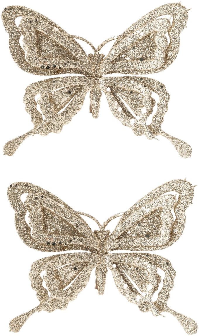 Kerstboomversiering Vlinder - 2x - 14 cm - champagne glitter - op clip - ornament