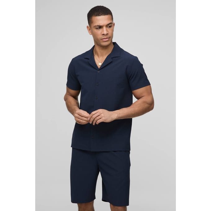 Regular Fit Seersucker Streep Overhemd & Shorts Set | Navy | Size XS