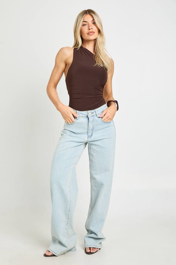 boohoo Dames Gerimpelde Body Met Mesh Paneel En Éen Schouder | Chocolate | Maat: 16