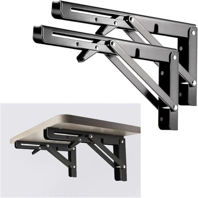 2 pièces Trépieds pliables en fer robuste Conception à double charnière, Montage mural et Rangement de bureau, Style industriel durable avec trous pré-percés 2pcs black