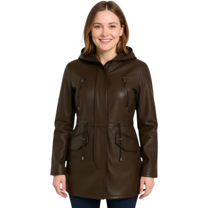 Dames bruine leren parka met capuchon - Cairns