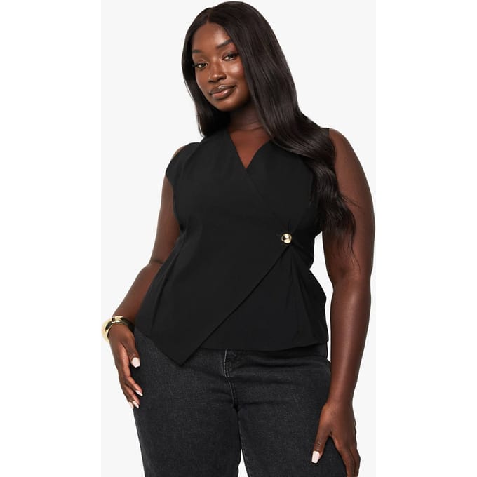 boohoo Dames PLUS wikkelvoorkant gouden knopenvest | Zwart | Maat: 48